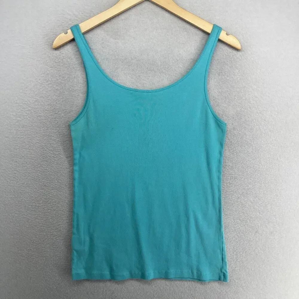 EILEEN FISHER Tank Top M Organic Cotton Ribbed Jersey Scoop Neck Cami Aqua Blue_2